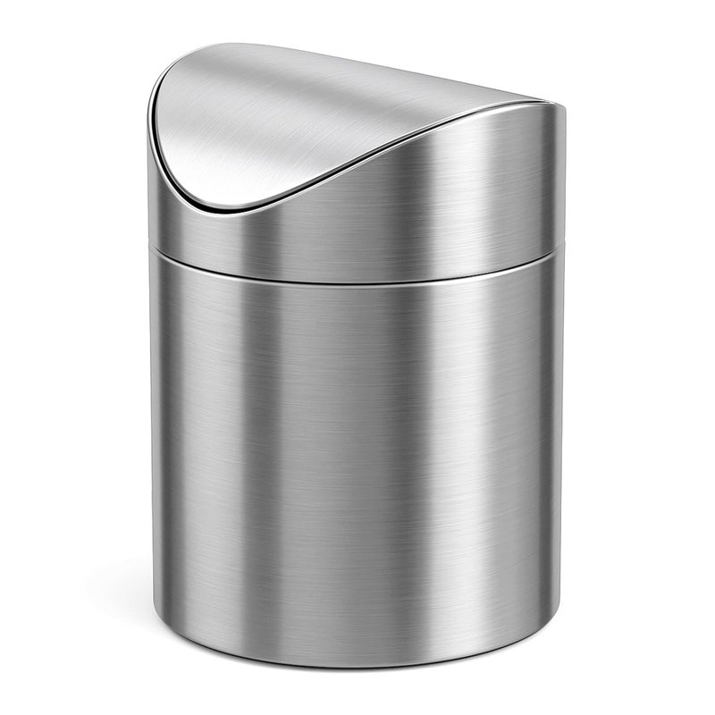 JILLICK Small Mini Trash Can with Lid, Brushed Stainless Steel Small Tiny Mini Trash Bin Can, Mini Countertop Trash Cans for Desk Office, Swing Top Trash Bin 1.5 L/0.40 Gal (Sliver) - Image 1